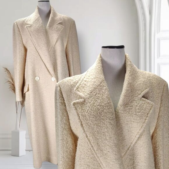Vintage 80s Winter Overcoat Size 12 Cream Wool Tweed One Button Mid Length